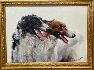 PORTRAIT OF RUSSIAN BORZOI WOLFHOUND DOGS OIL PAINTING