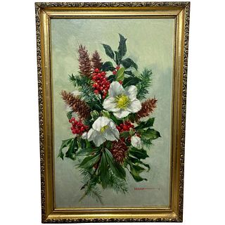 HOLLY PLANT, WHITE FLOWERS & RED BERRIES OIL PAINTING