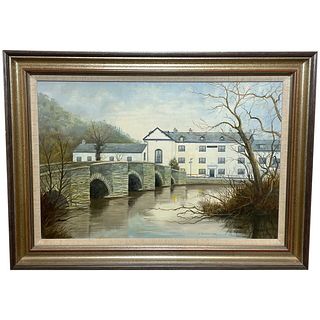 NEWBY BRIDGE CROSSING RIVER LEVEN WINDERMERE LAKE DISTRICT OIL PAINTING