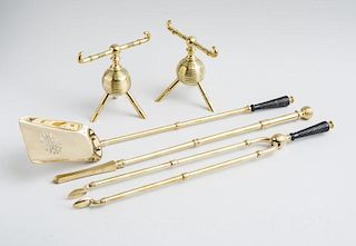 CHRISTOPHER DRESSER (ATTRIBUTION), FIREPLACE TOOLS AND A PAIR OF STANDS