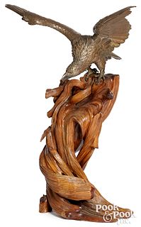 Japanese Meiji bronze eagle on wood freeform perch