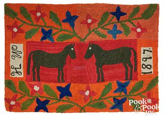 American hooked rug with horses, dated 1897