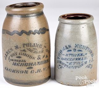 Two stoneware wax sealer merchant jars