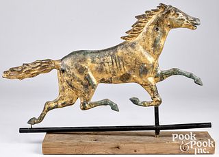 Swell-bodied copper running horse weathervane