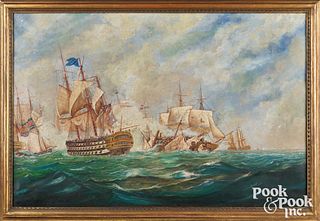English oil on canvas of a naval engagement