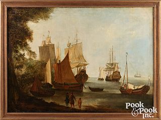 Dutch oil on canvas harbor scene, mid 18th c.