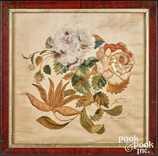 Pair of English silk crewelwork floral pictures