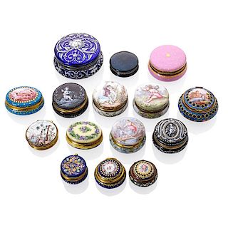 COLLECTION OF 15 ENAMELED PATCH OR SNUFF BOXES