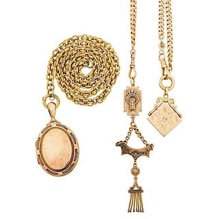 THREE GOLD WATCH CHAIN NECKLACES WITH PENDANTS