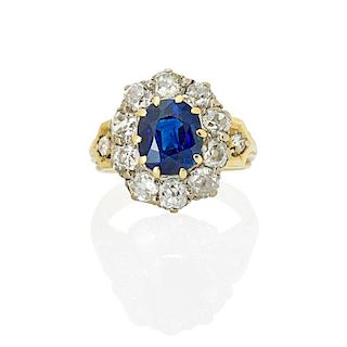 UNTREATED BLUE SAPPHIRE & DIAMOND CLUSTER RING