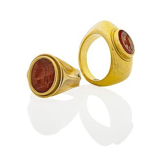 TWO GOLD & ANCIENT ROMAN INTAGLIO SEAL RINGS