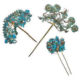 QING DYNASTY KINGFISHER FEATHER HAIR ORNAMENT