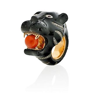 MASSIVE CARVED ONYX & DIAMOND GOLD PANTHER RING
