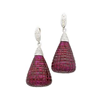 INVISIBLY SET RUBY & DIAMOND DROP EARRINGS