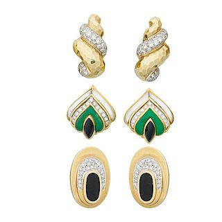 THREE PAIRS OF SUBSTANTIAL GOLD & DIAMOND EARRINGS