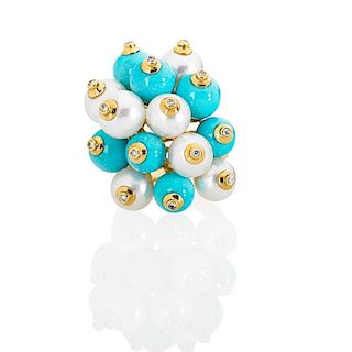 PEARL & TURQUOISE BEAD, DIAMOND & GOLD CLUSTER RING
