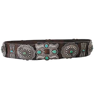 OLD PAWN NAVAJO SILVER & TURQUOISE CONCHO BELT