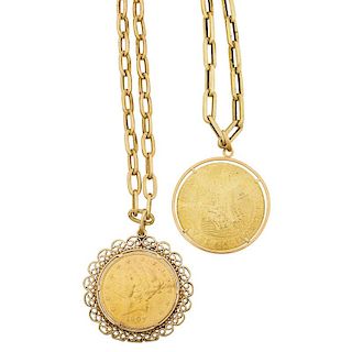 TWO GOLD COIN MEDALLION NECKLACES