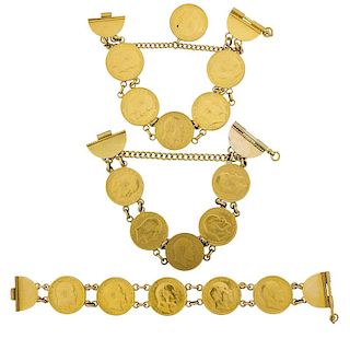 THREE SOVEREIGN COIN YELLOW GOLD BRACELETS