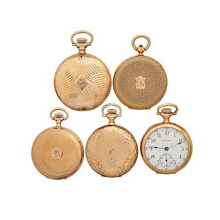 FIVE AMERICAN OR SWISS YELLOW GOLD POCKET WATCHES