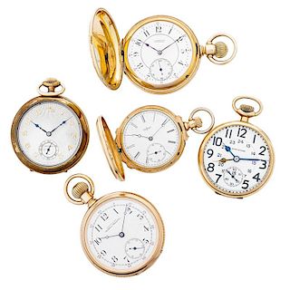 FOUR AMERICAN GOLD, ONE GOLD-FILLED POCKET WATCHES
