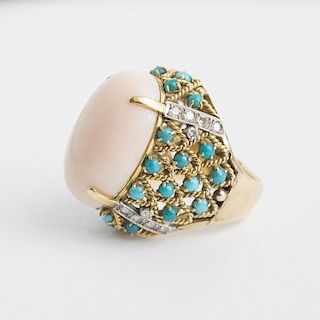 18K GOLD, CORAL, TURQUOISE AND DIAMOND RING