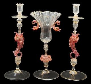A Three Piece Salviati Murano Glass Garniture Height of tallest 15 1/2 inches.