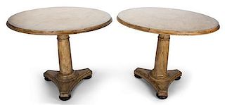 A Pair of Provincial Style Painted Tilt-Top Tables Height 30 1/2 x diameter 39 inches.