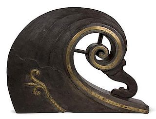 A Carved and Painted Scroll-Form Boat's Prow Height 27 x width 36 x depth 5 1/2 inches.