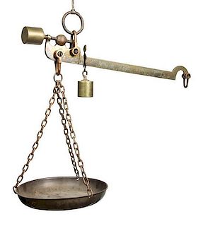 Three Counter-Weight Hanging Brass Scales Height 24 inches.