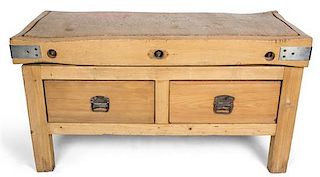 A Metal Mounted Butcher-Block Top Side Cabinet Height 29 x width 54 x depth 24 1/4 inches.