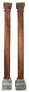 A Pair of Indian Neoclassical Style Carved Wood Columns Height 99 1/2 inches.