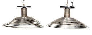 A Pair of Chromed Metal Spiral Pendant Lamps Height 9 x diameter 16 inches.