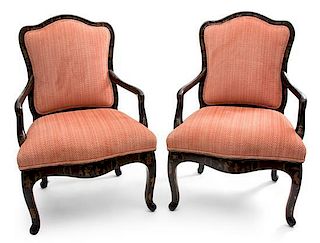A Set of Six Louis XV Style Parcel-Gilt and Black-Lacquered Fauteuils Height 32 inches.