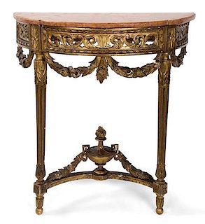 A Louis XVI Style Giltwood Console Table Height 35 x width 32 1/2 x depth 15 3/4 inches.