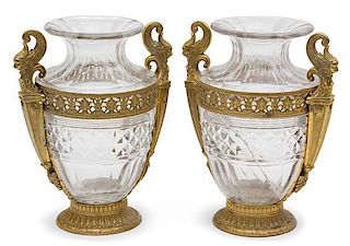 A Pair of French Empire Style Gilt Bronze Mounted Glass Urns Height 7 3/4 inches.