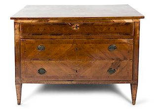 An Italian Neoclassical Style Inlaid Walnut Commode Height 36 x width 49 1/2 x depth 23 inches.