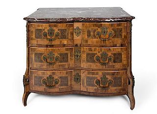 A Northern Italian Burr-Walnut and Fruitwood Parquetry Commode Height 33 x width 45 x depth 25 inches.