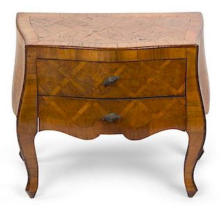 An Italian Parquetry Walnut Diminutive Bombe Form Commode Height 16 x width 18 12 x depth 10 inches.