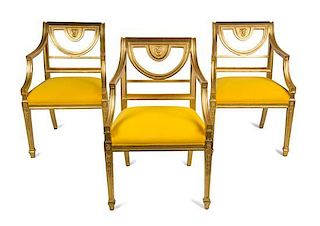 A Set of Eight Neoclassical Style Giltwood Dining Chairs Height 34 1/2 inches.
