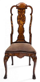 A Dutch Marquetry Walnut Side Chair Height 43 1/2 inches.