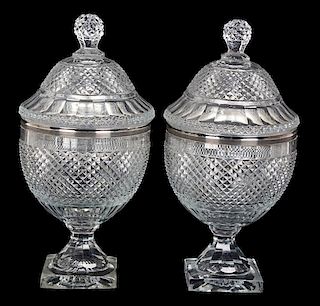 A Pair of Cut Glass Covered Urns Height 12 1/4 inches