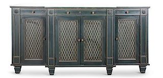 A Regency Style Green and Gilt Decorated Breakfront Console Cabinet Height 35 1/2 x width 72 x depth 20 inches.