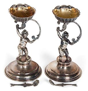 A Pair of Italian Silver Figural Salts, Milan, Late 20th Century, each having a shell form bowl raised by a standing putto, o