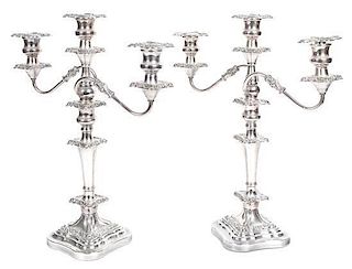 A Pair of English Sheffield Silver-Plate Candelabra Height 19 1/2 inches.