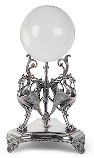 An English Regency Style Silver-Plate Crystal Ball-on-Stand Height 10 1/2 inches.