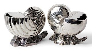 Two English Silver-Plate Nautilus Spoon Warmers Height of taller 6 inches.