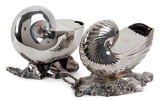 Two English Silver-Plate Nautilus Spoon Warmers Height of taller 5 1/2 inches.