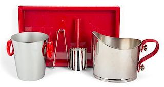 An Italian Leather and Silver Plate Cocktail Set Height of pitcher 7 inches.