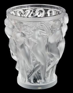 A Lalique Molded and Frosted Glass Vase Height 9 5/8 inches.